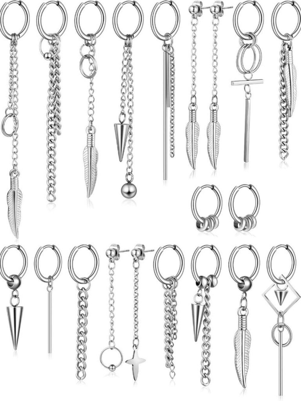20 Pcs Men's Stainless Steel Dangle Earrings - Huggie Hoop & Drop Styles